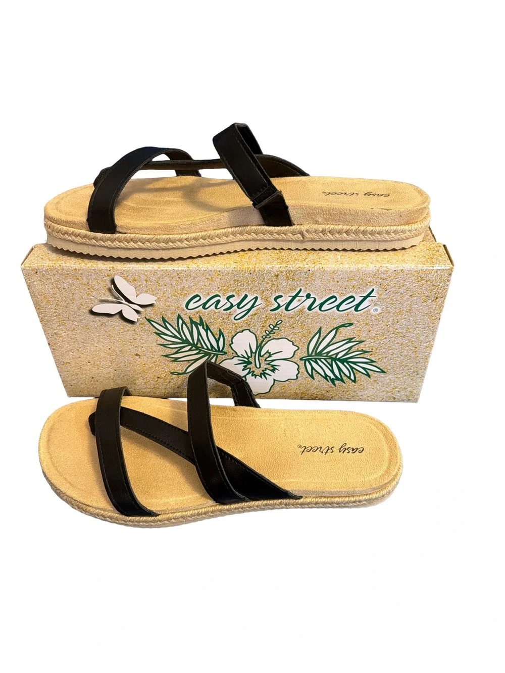 Easy Street Women’s Song Triple-Strap Toe-Loop Song Sandals, Black, Size 8 NWT